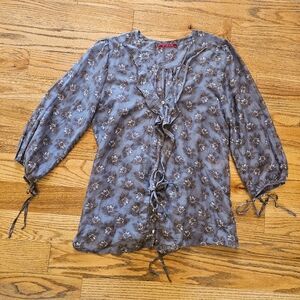 Pois Size L Gray Floral Blouse Italian Silk 3/4 Sleeve Tie Details Cinch Waist